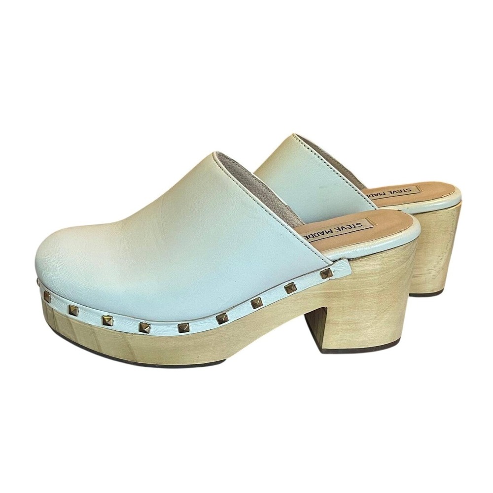 Steve Madden Brooklyn-1 Leather Studded Wooden Clogs 6.5 Cream 70s Boho Retro